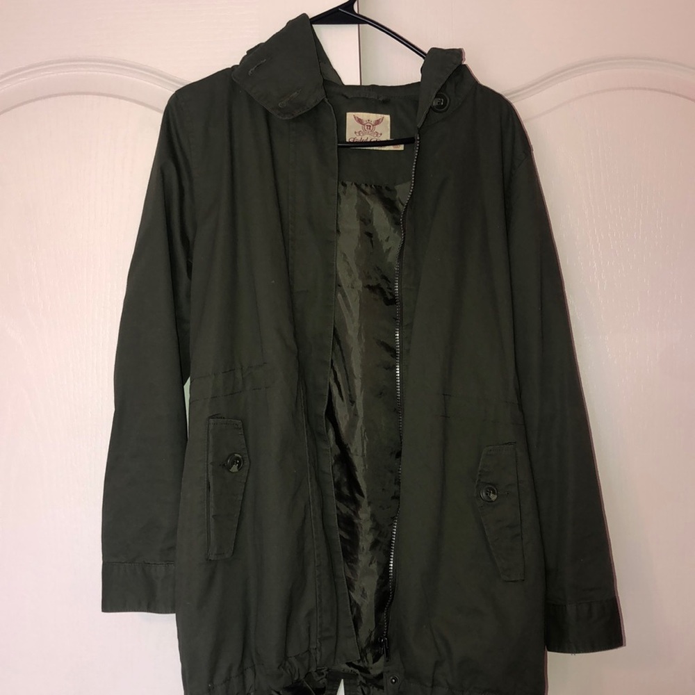 Olive Green jacket with a hood- runs big